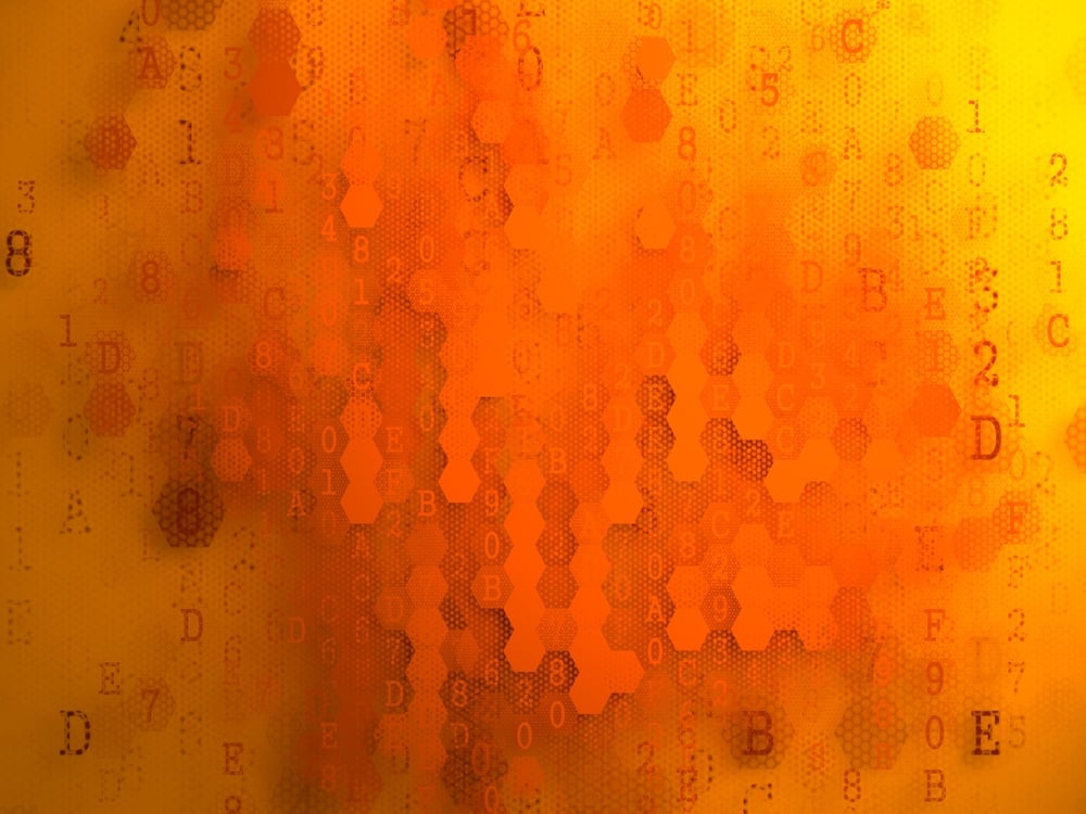 Digital Background. Pixelated Series Of Numbers Of Orange Color Falling Down on the Yellow Background.